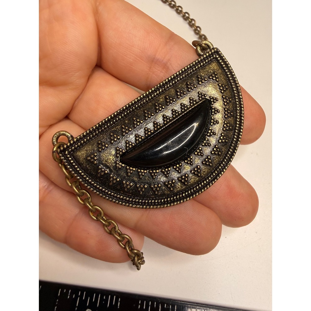 Antique Brass Tone Half Moon Pendant Necklace Black Stone Boho Statement